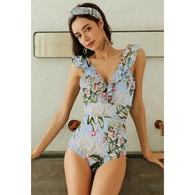 Load image into Gallery viewer, Sexy Female Retro V Neck Blue Striped Swimsuit One Piece R